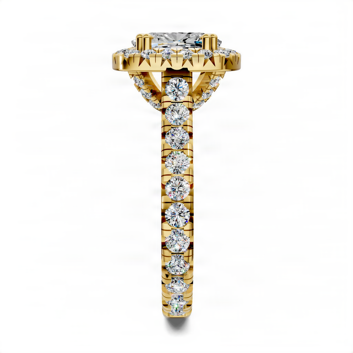 Yellow gold cushion halo engagement ring with prong-set center and round sidestones