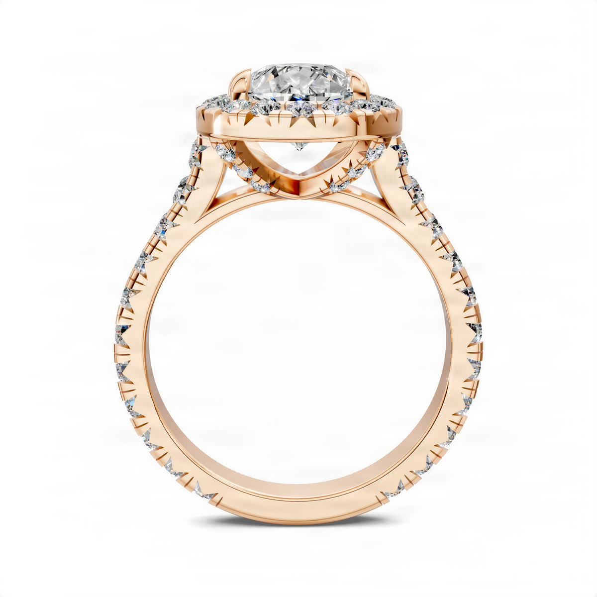 Rose gold halo cathedral engagement ring side view with diamond accents on prongs