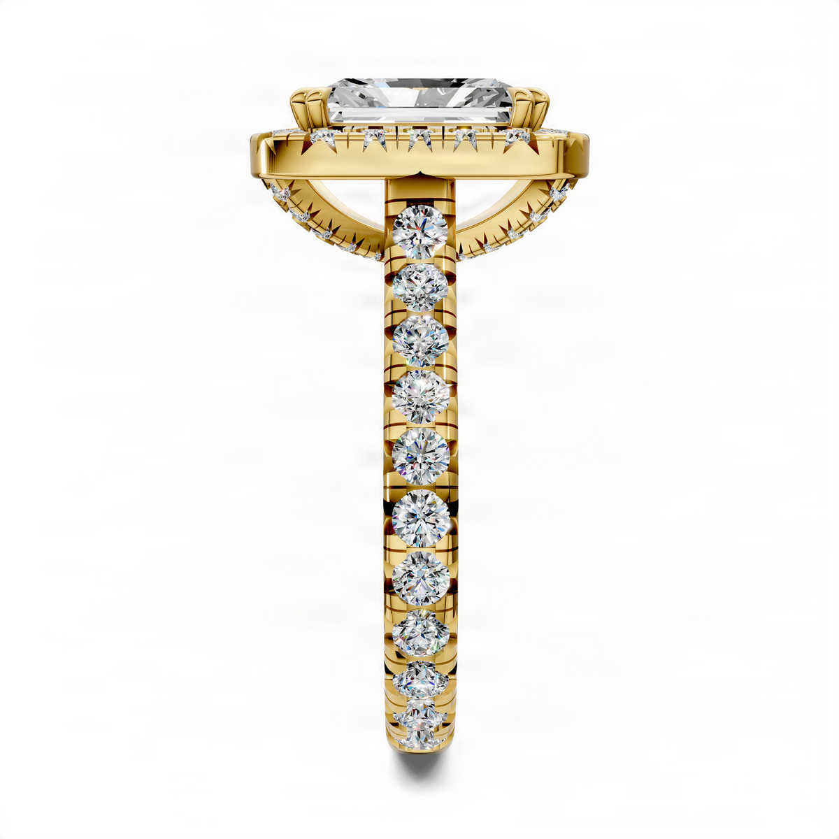 Yellow gold halo cathedral ring with vertical row of round stones and round center