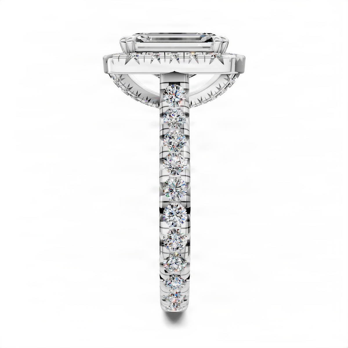 White gold halo cathedral ring with emerald-cut center stone and round diamond line band