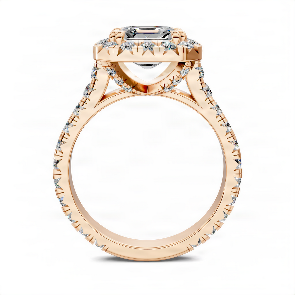 Opes Asscher halo cathedral ring in rose gold with pavé band