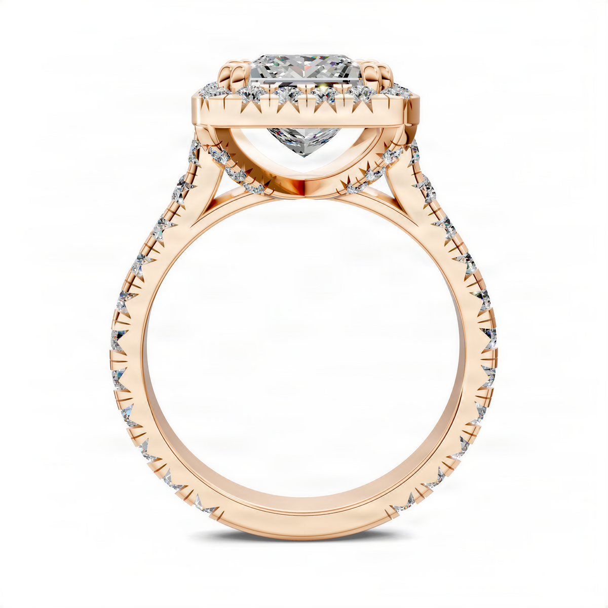 Rose gold halo cathedral ring with oval center stone and diamond side stones