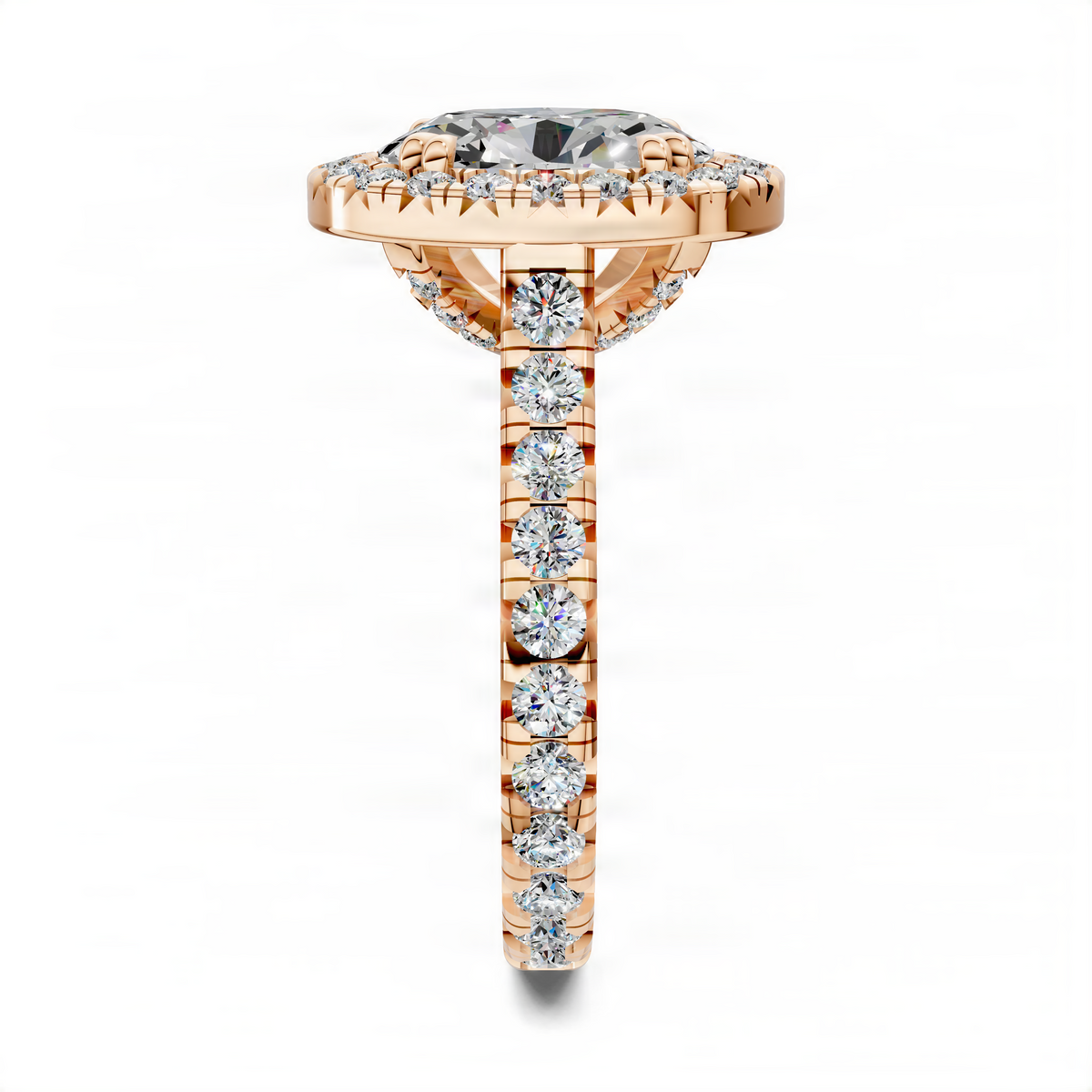 Oval halo cathedral ring in rose gold with pavé diamonds