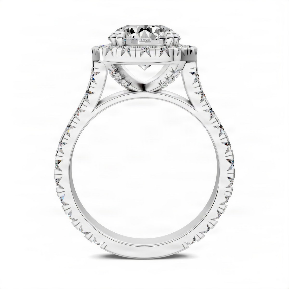 White metal round halo cathedral ring with diamond-like side clusters and open band