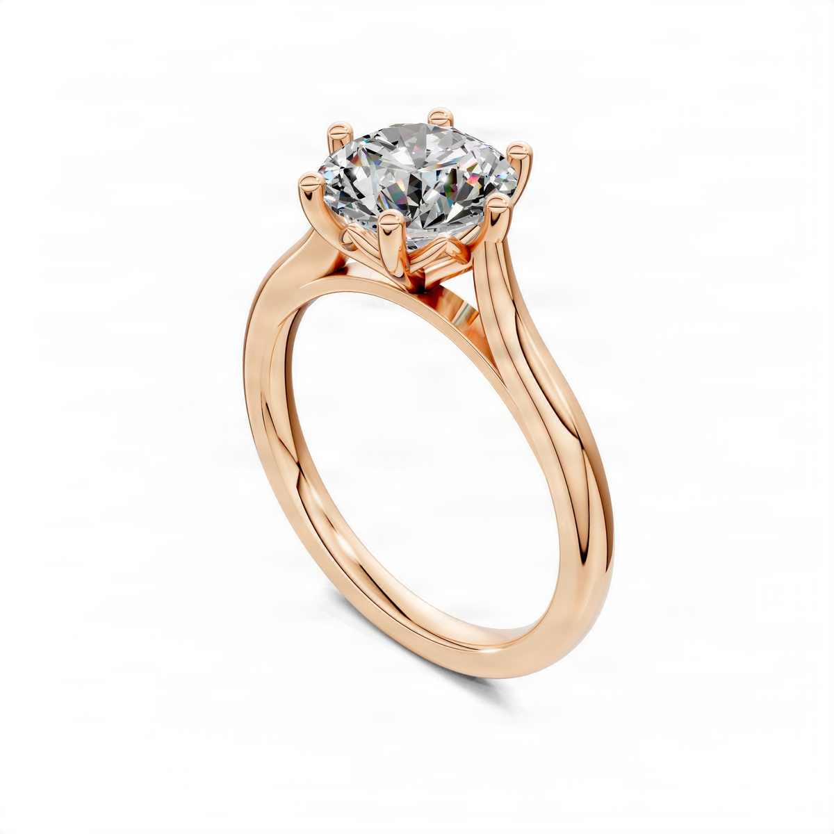 Rose gold solitaire engagement ring angled view, prong-set round center stone