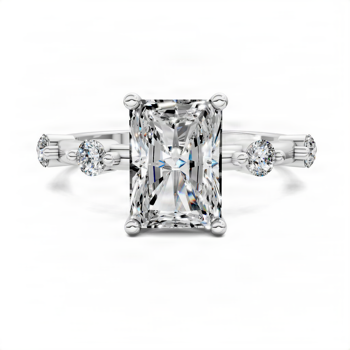 White gold radiant accent ring with square center diamond and round side stones