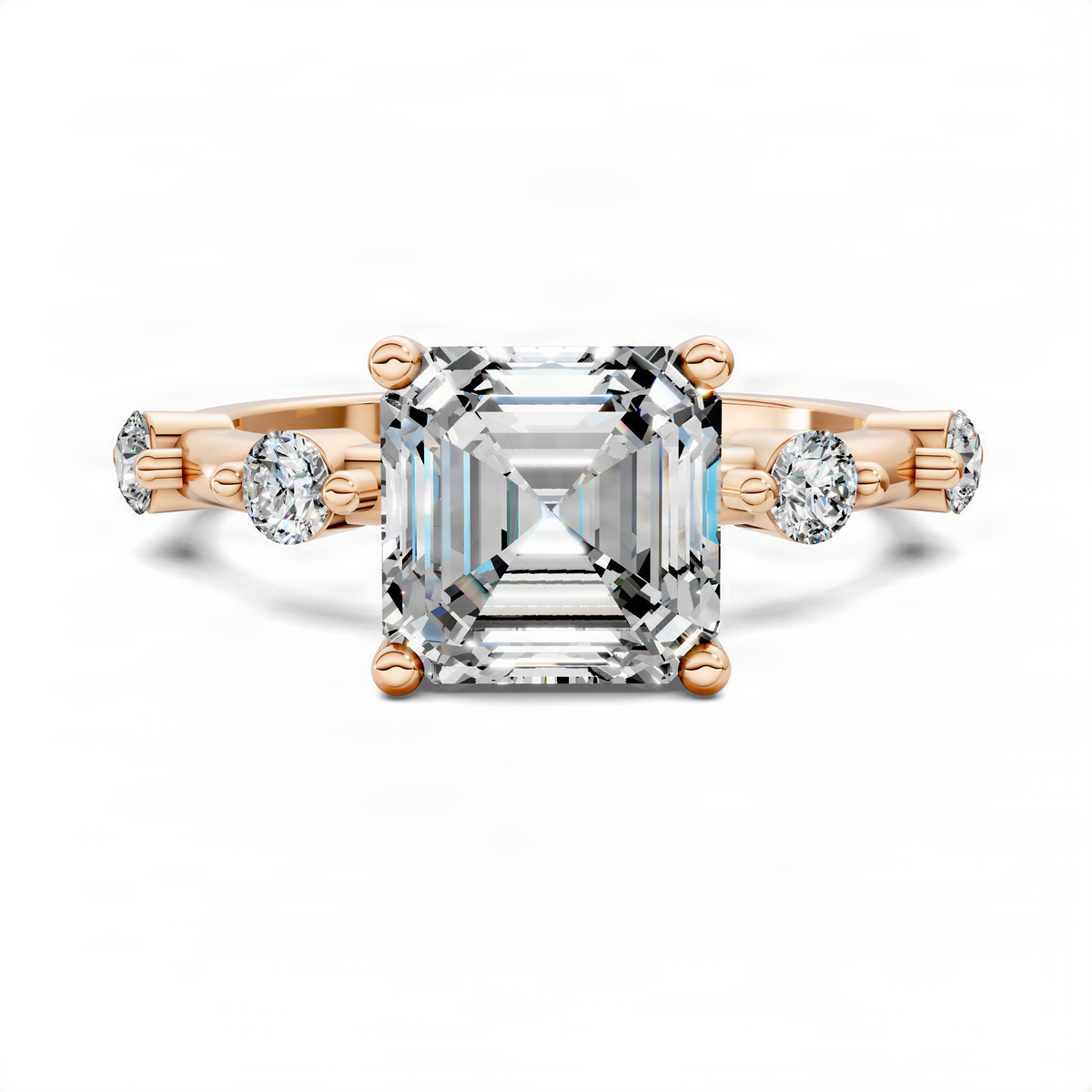 Rose gold Asscher-cut center stone ring with round side diamonds and jeweled shoulders