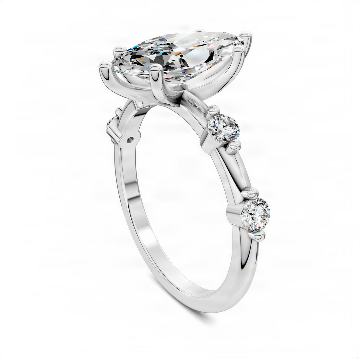 White gold marquise center ring with round side diamond accents and polished prongs