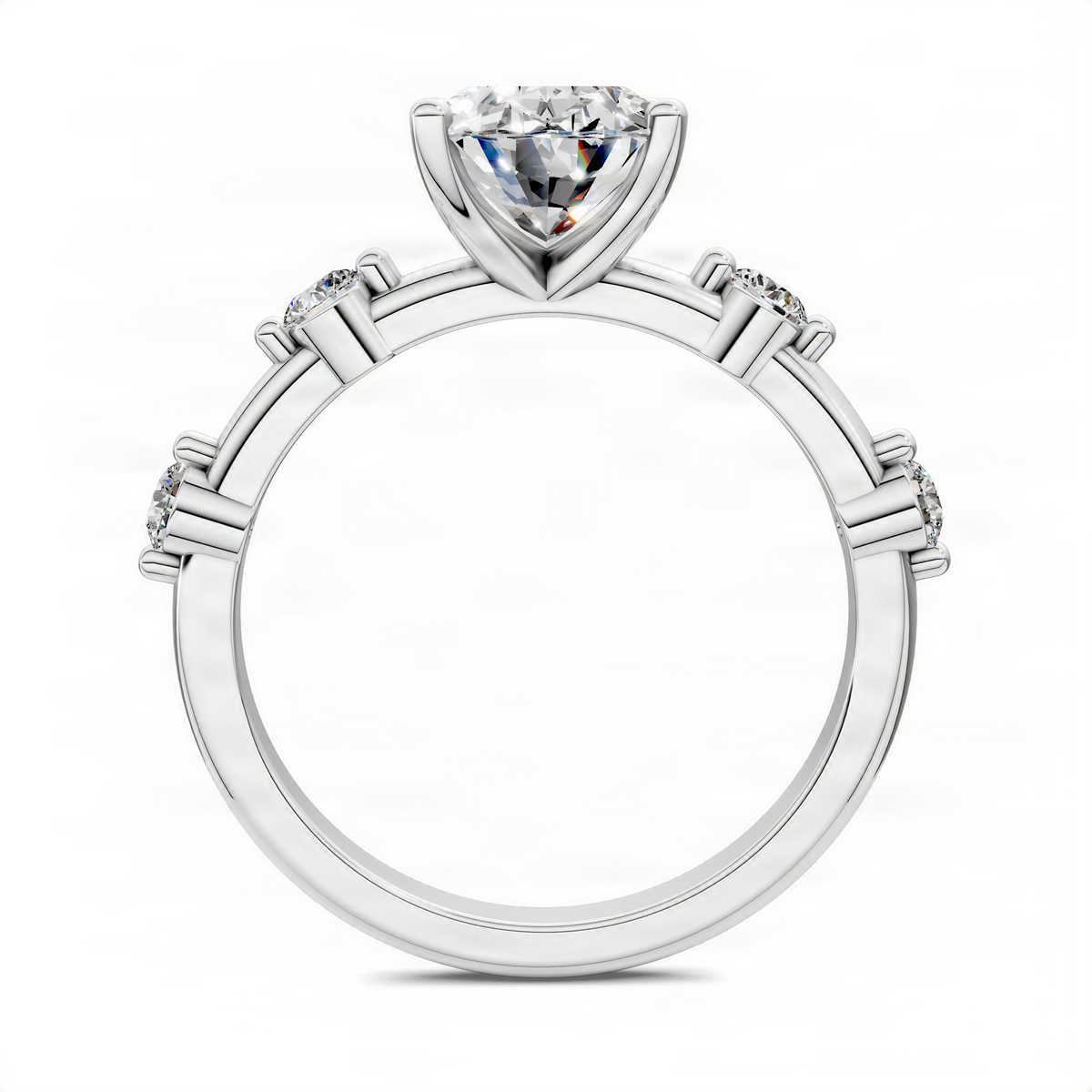 Round gemstone accent ring with silver-tone band and small side stones