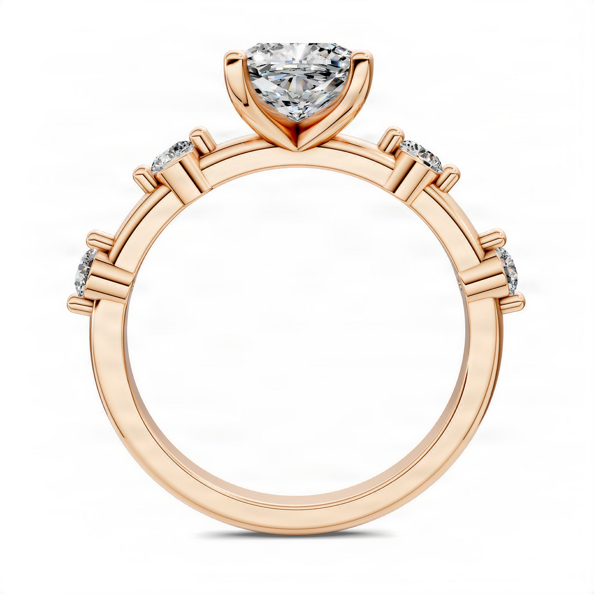 Rose gold round accent ring with large round center stone and side diamond details