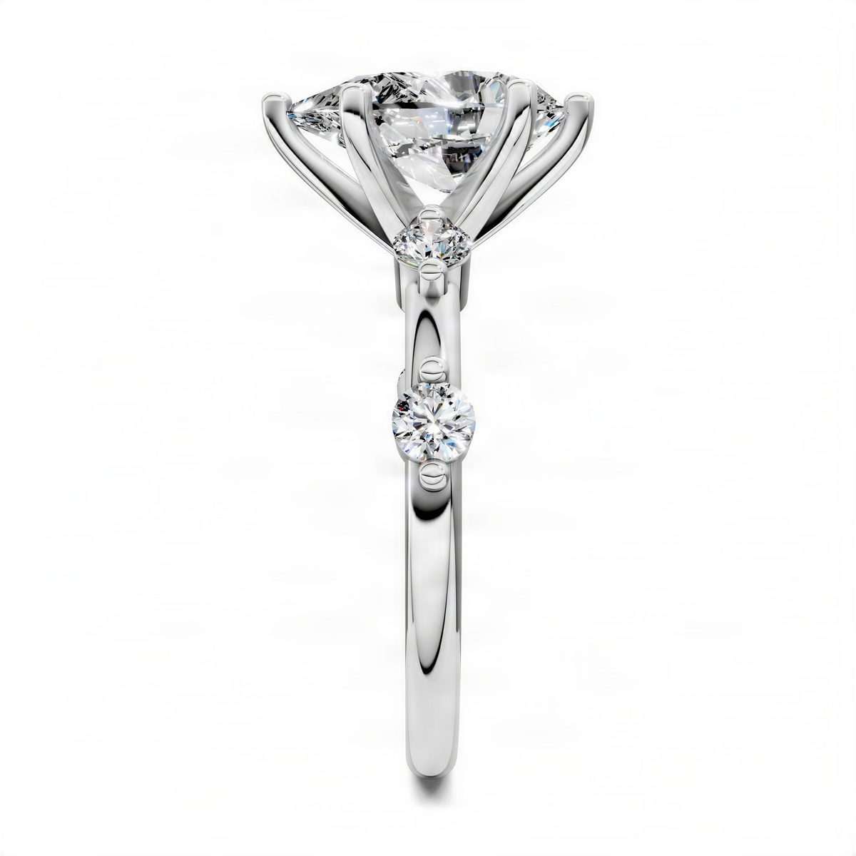 Silver-tone round accent ring with prong-set center and small side stones