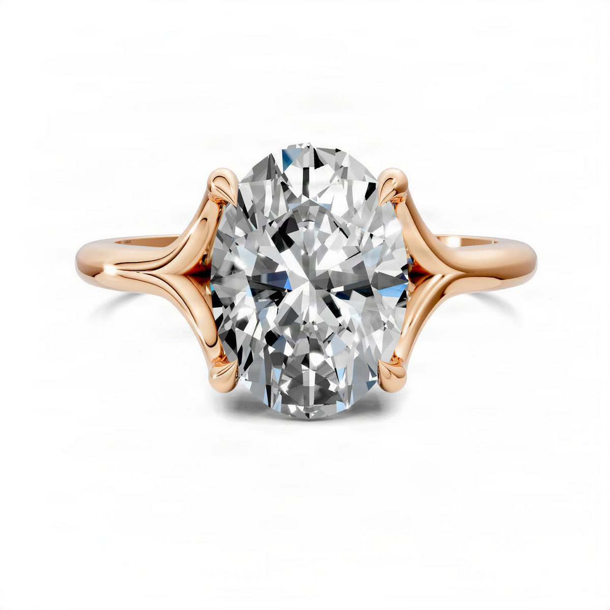 Rose gold round-cut solitaire ring with split shank and prong-set center stone