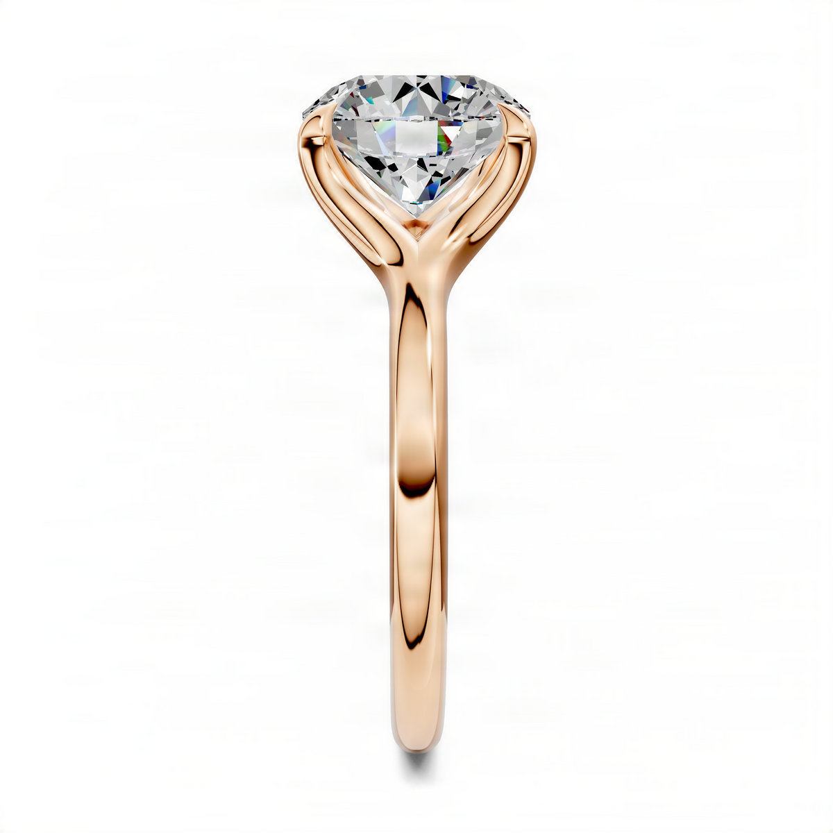 Rose gold split-shank solitaire ring with round center stone, high prong setting