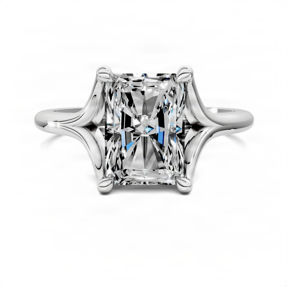 White gold split-shank solitaire ring with clear square center stone in prongs