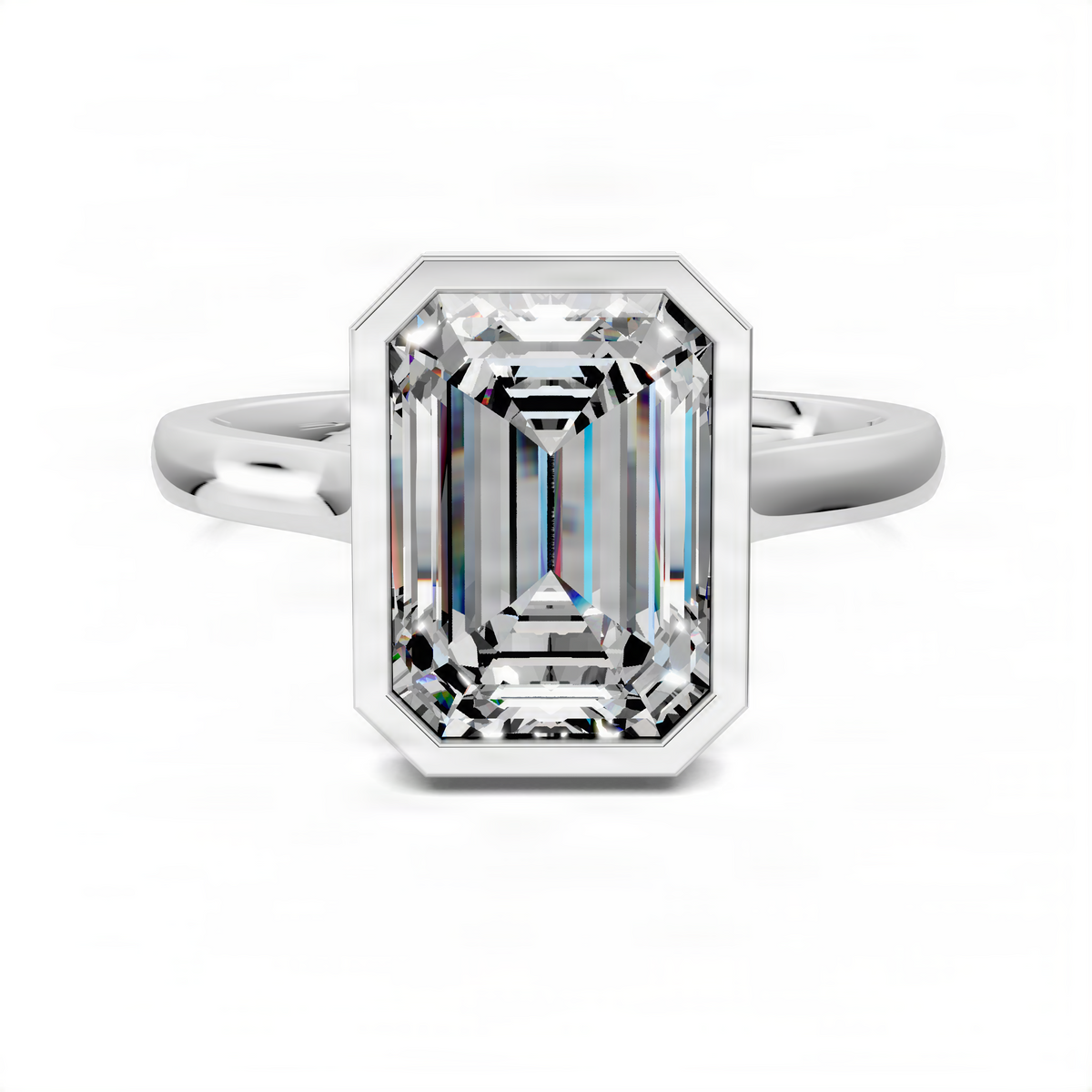 Opes bezel halo ring with emerald-cut clear gemstone in white metal setting