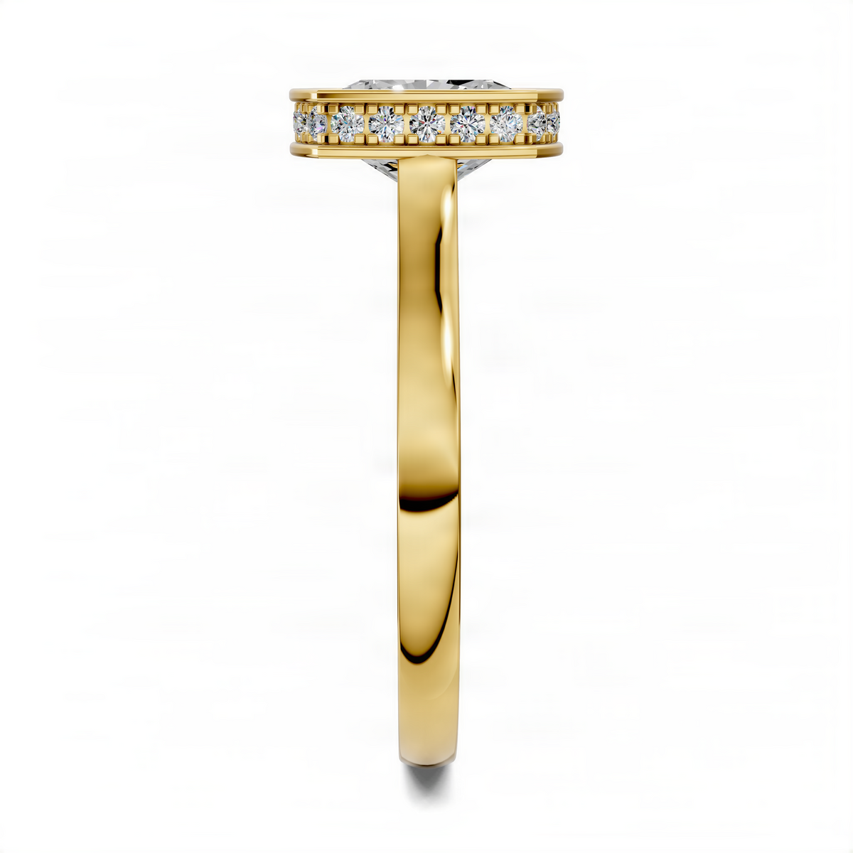 Opes Bezel Halo Ring in yellow gold with diamond halo and polished band