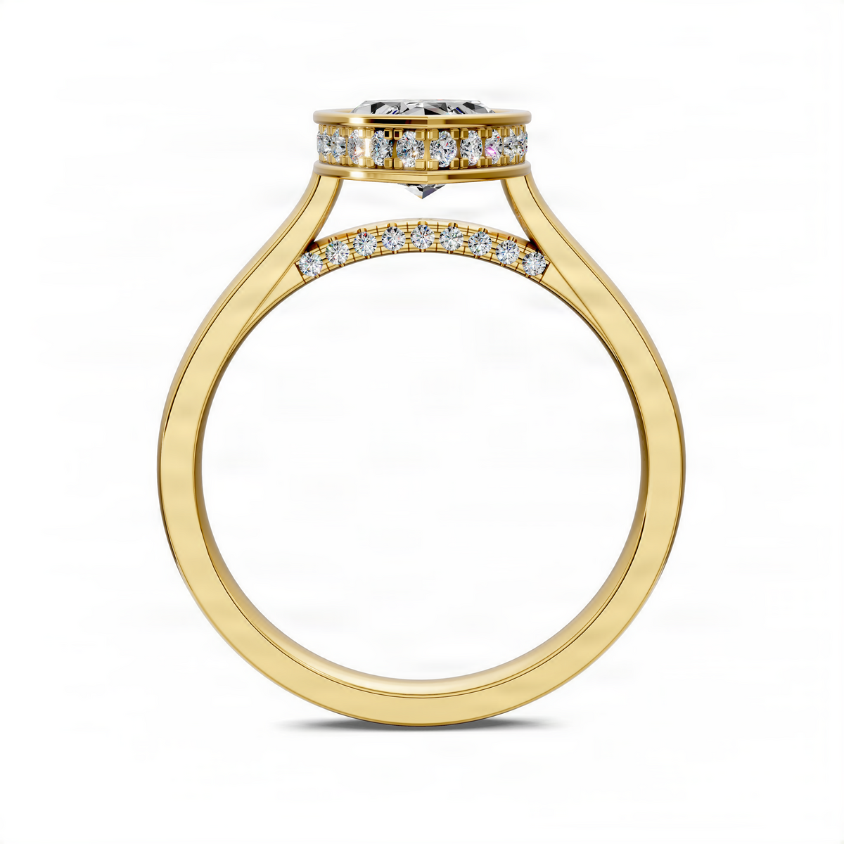 Opes bezel halo ring in yellow gold with round center stone and diamond pavé band