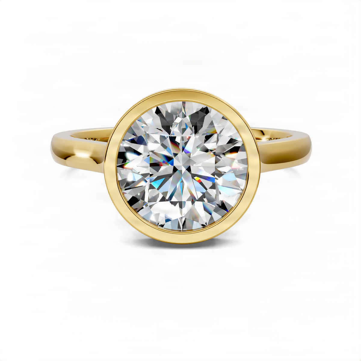 Yellow gold bezel halo ring with round center diamond and smooth band
