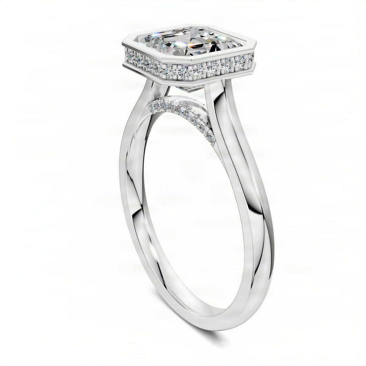 Opes bezel halo ring with clear square center stone and pavé band