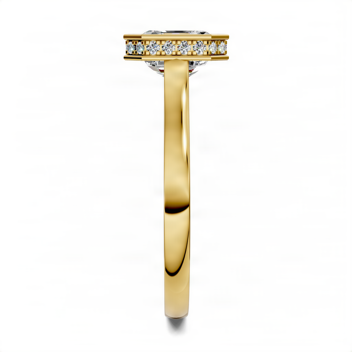 Yellow gold Asscher bezel halo ring, side view