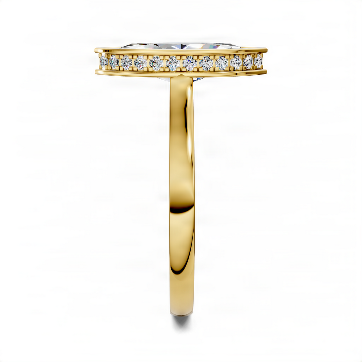 Gold bezel halo ring with marquise-cut stone band, angled side view