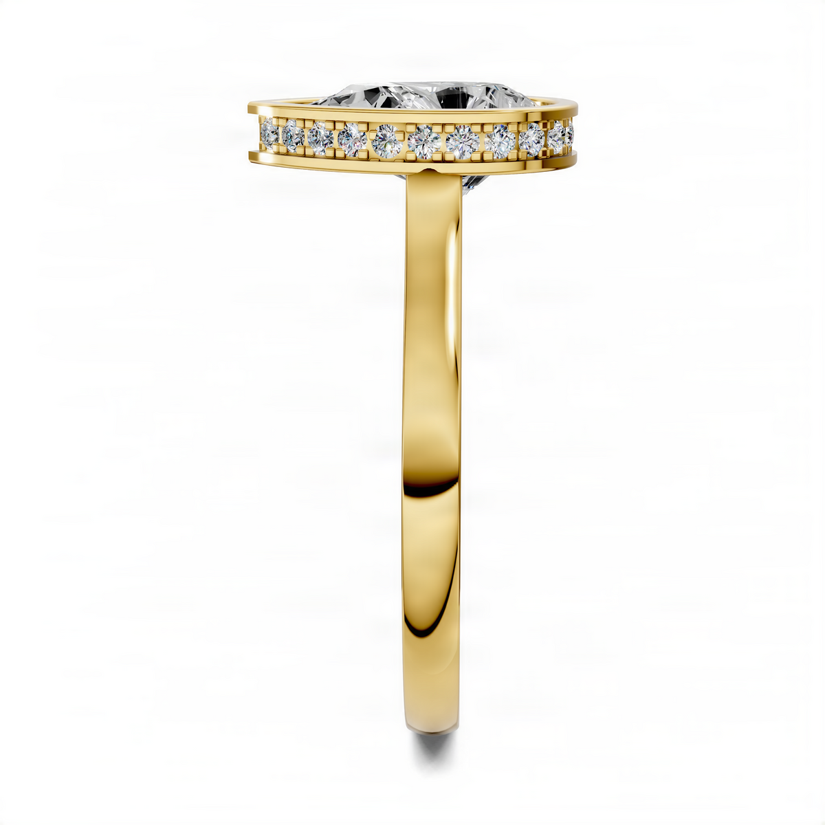 Pear bezel halo ring in yellow gold with diamond-accented band, side view