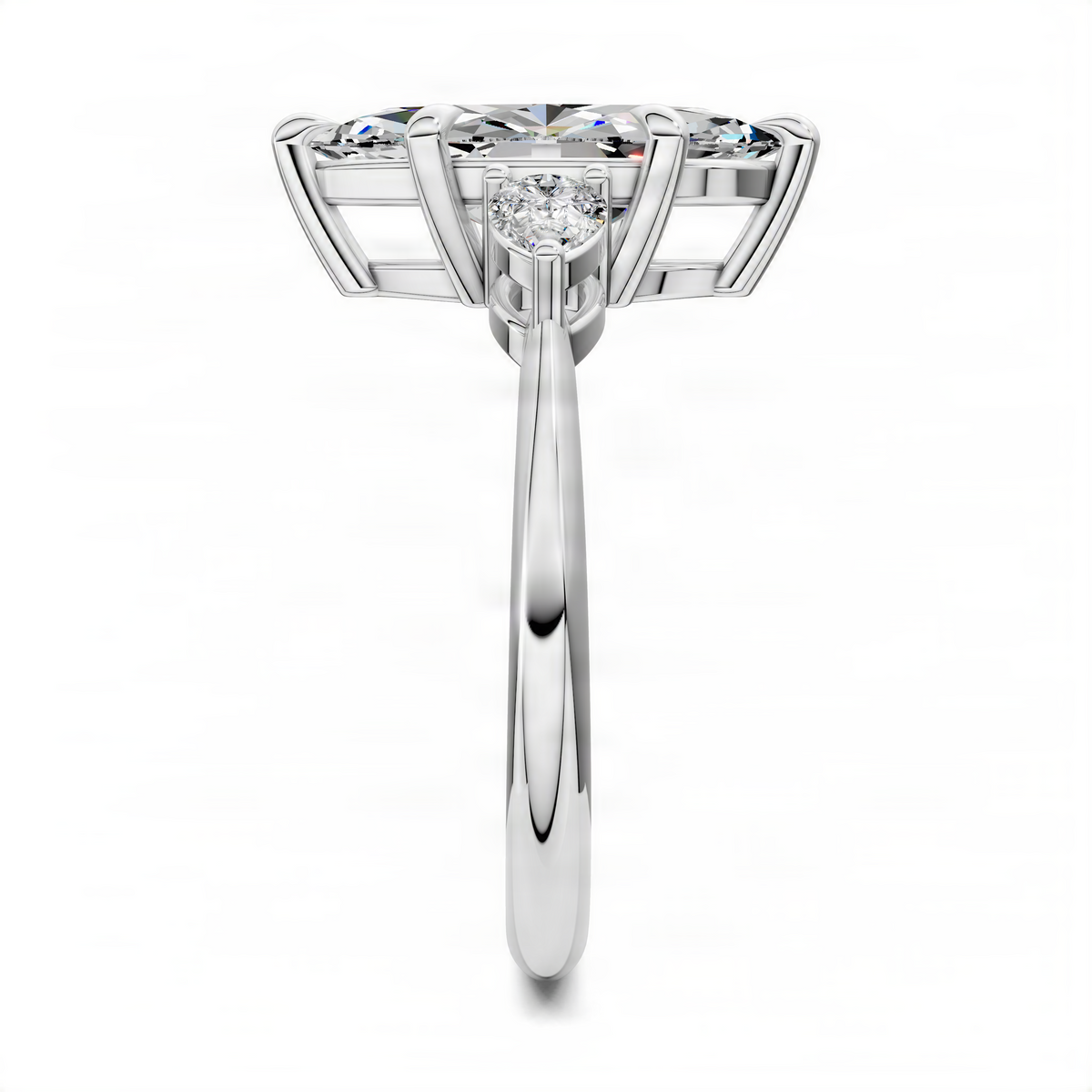 Marquise three-stone diamond ring with prong-set center and two side stones, polished band