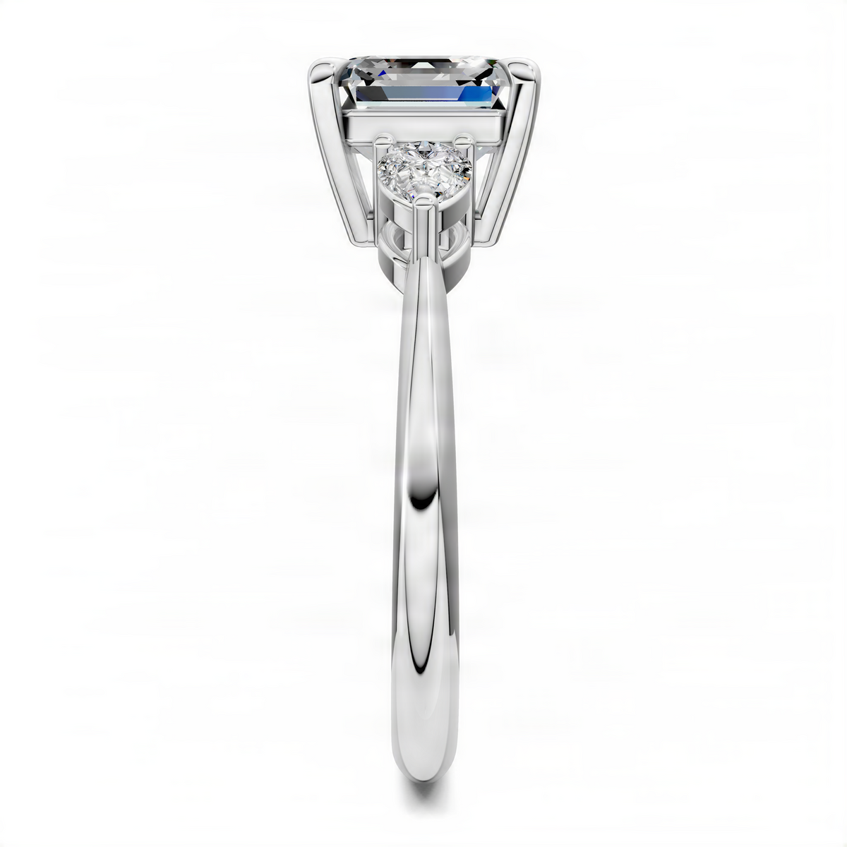Platinum three-stone diamond ring, emerald-cut center with round side stones