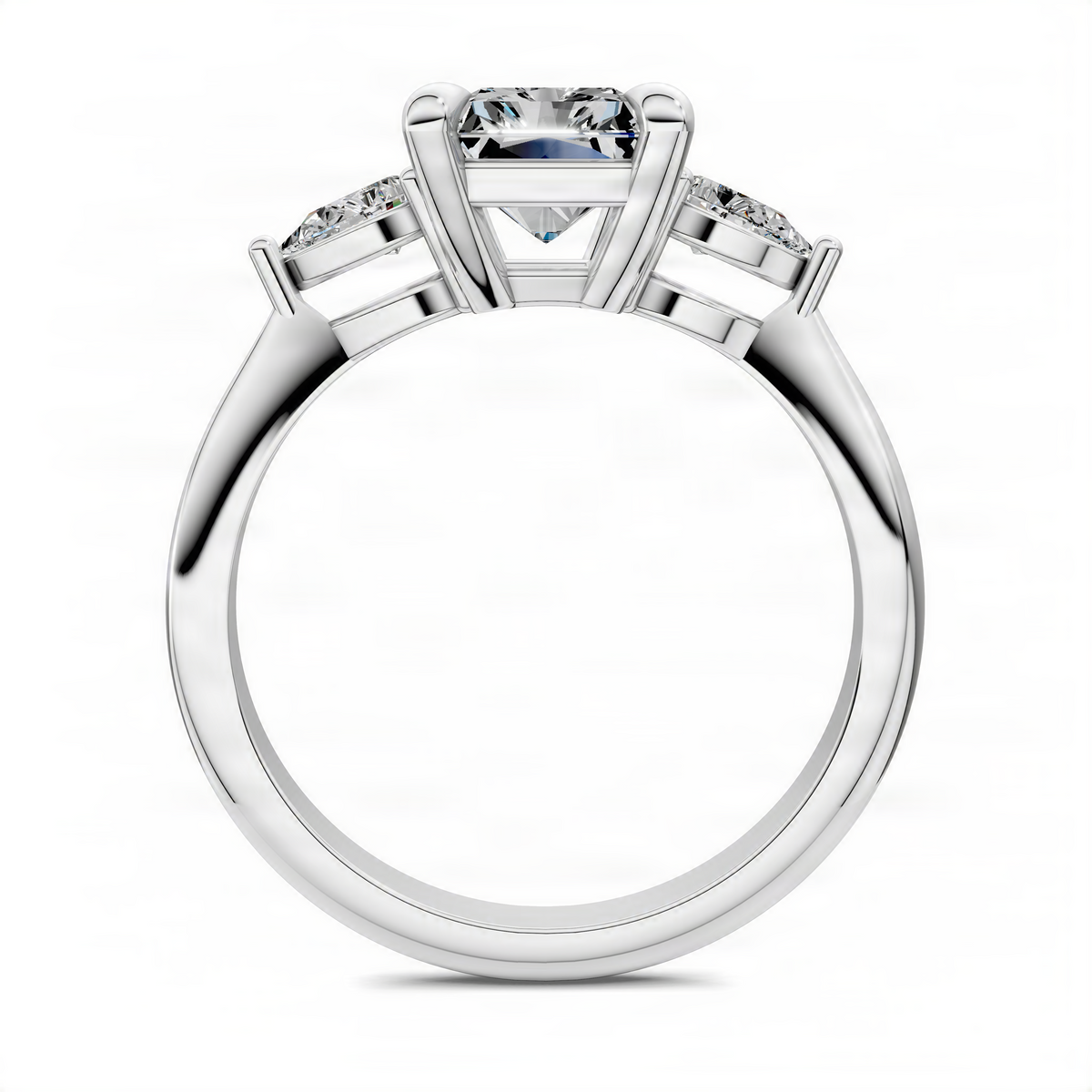 Three-stone ring with prong-set center gem and two side gems on white metal band