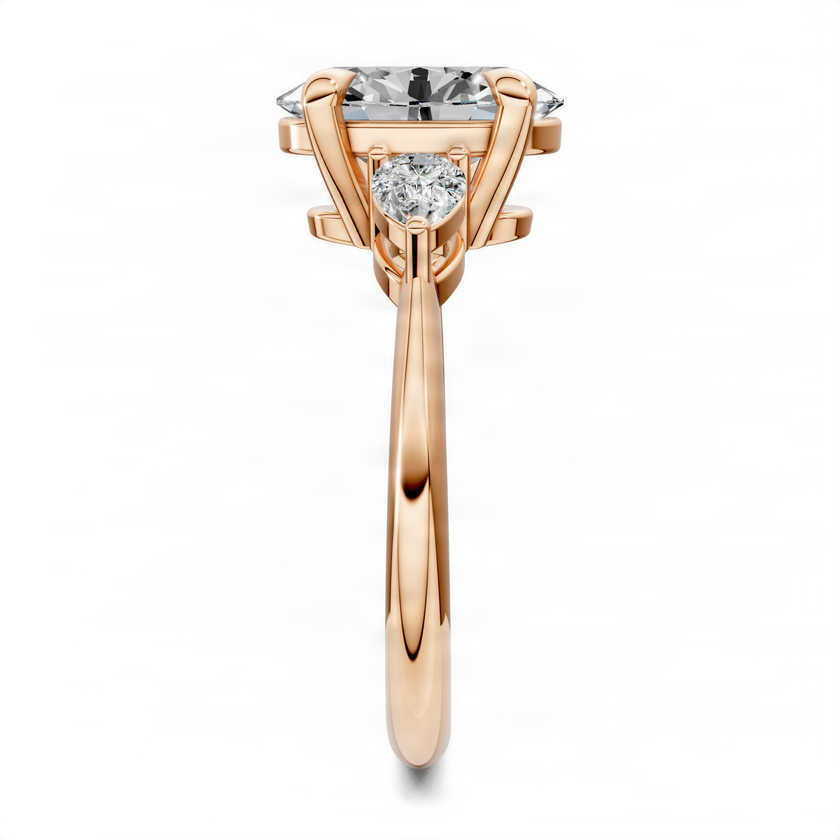 Rose gold oval three-stone diamond ring with central oval stone and two side stones