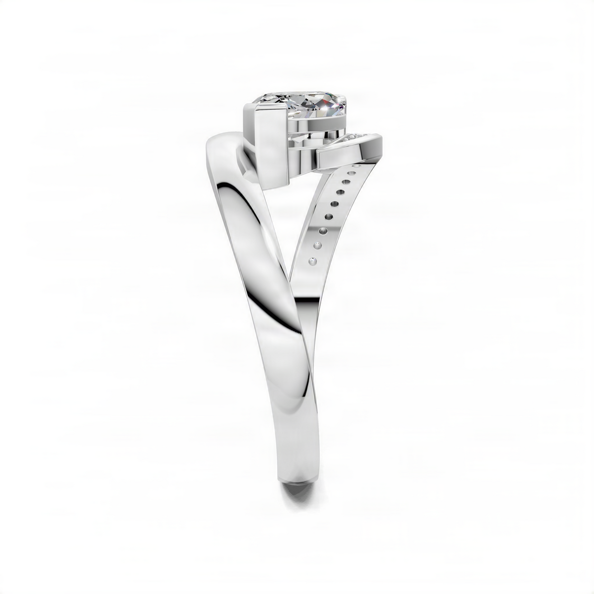 Marquise bypass ring in white metal with round center stone, side view