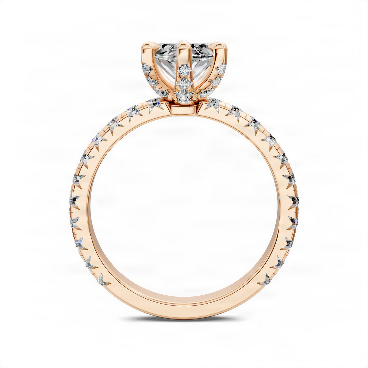Rose gold ring with marquise claw setting and pavé accent stones