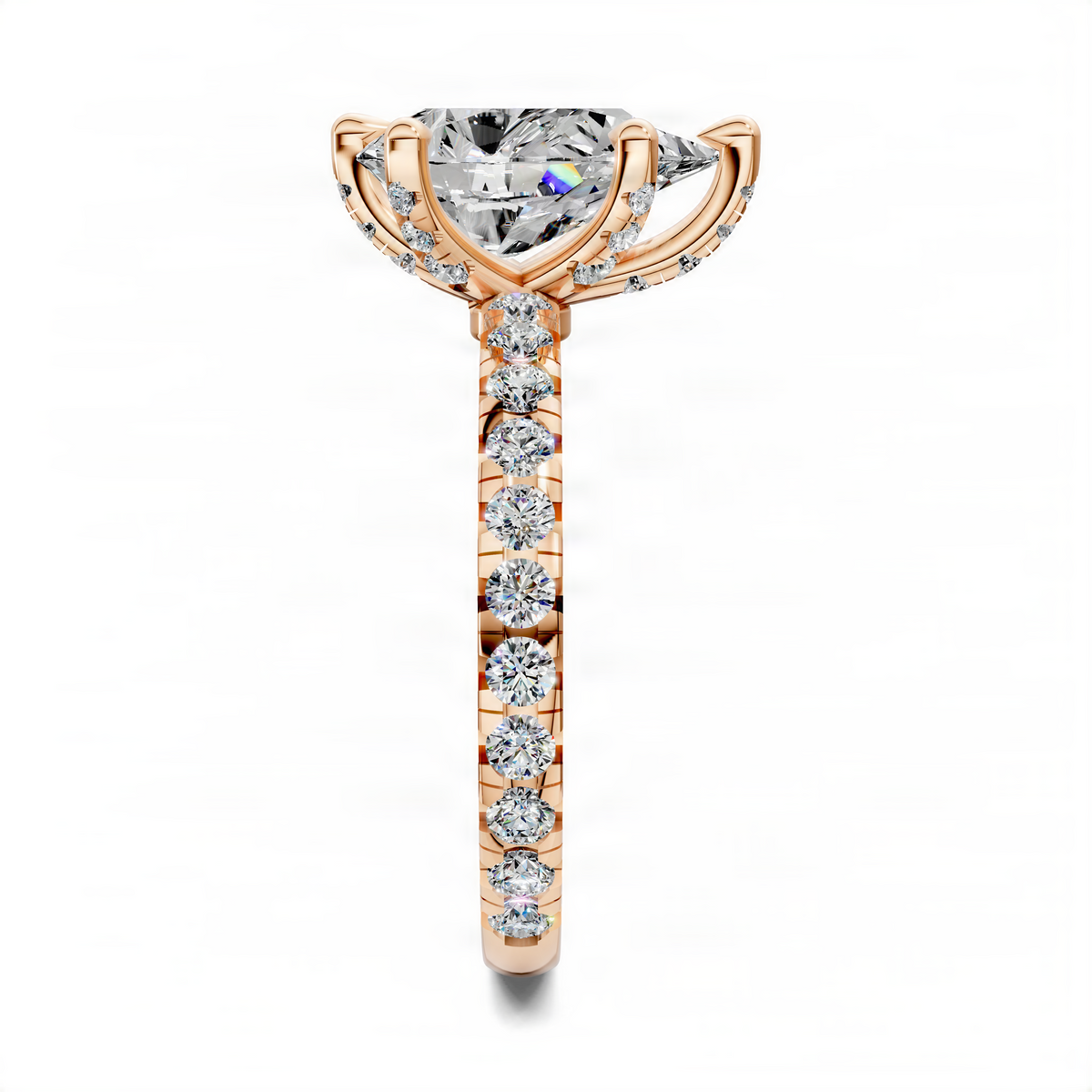 Rose gold pear-shaped diamond claw ring with round diamond row shank