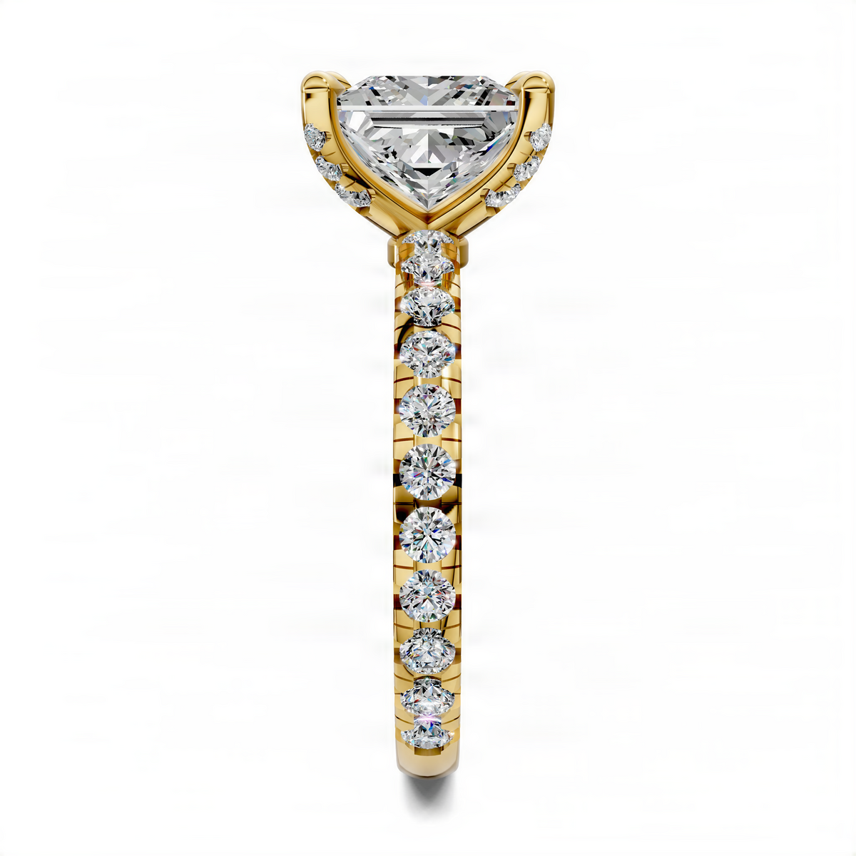 Yellow gold princess claw ring with marquise center diamond and prong-set bead stones