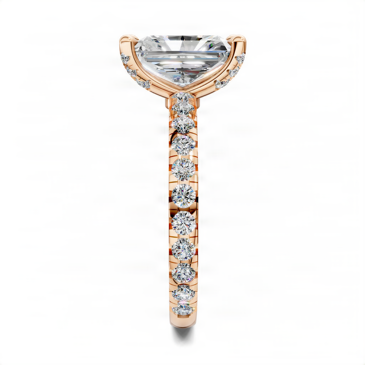 Rose gold claw accent ring with marquise center stone and diamond-set band