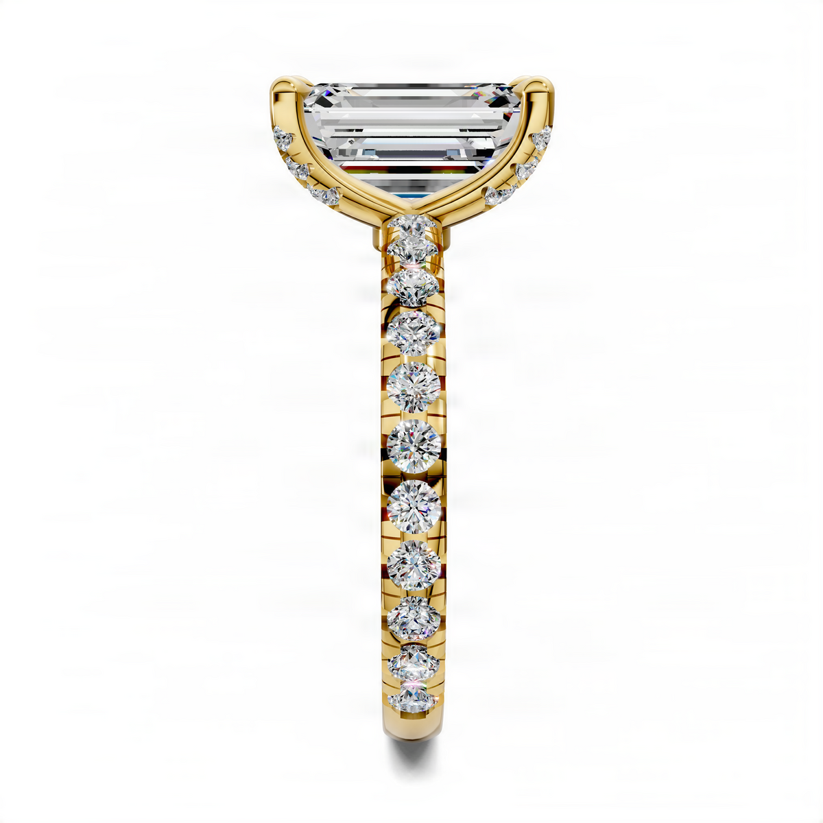 Yellow gold ring with emerald-cut top stone and dangling row of round stones