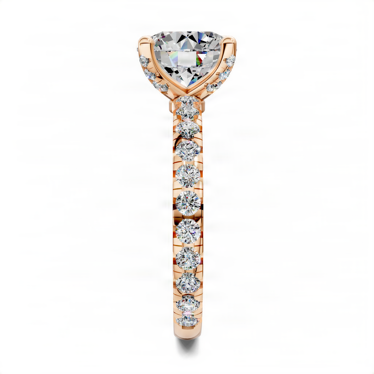 Round claw accent ring, rose gold tone, round center with claw prongs, stacked round stones on shank.