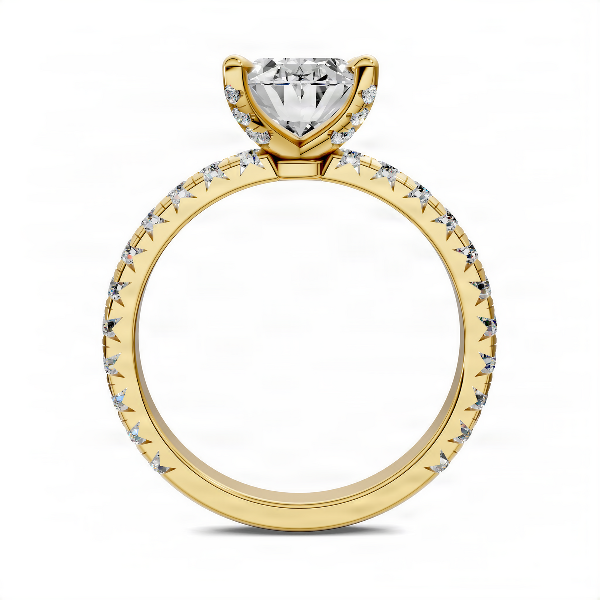 Oval claw accent ring in yellow gold with pavé diamond shoulders and center stone