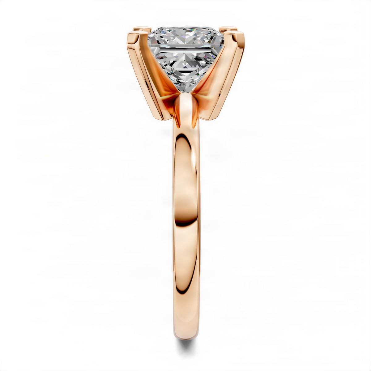 Princess-cut solitaire diamond engagement ring angled view with four prongs, rose-gold split band