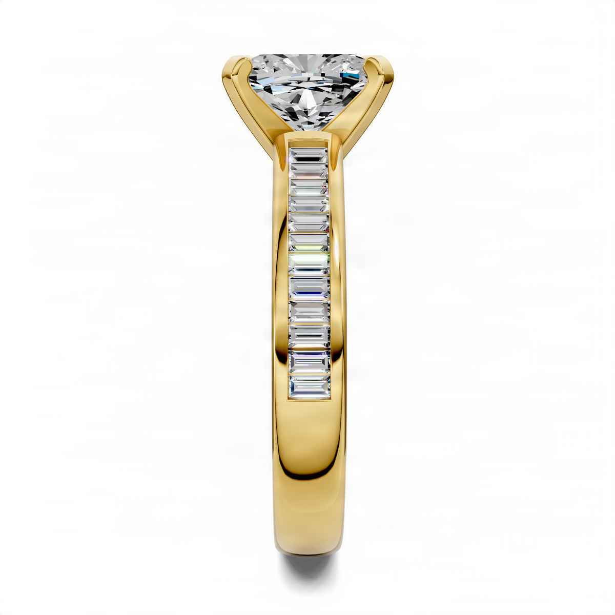 Gold baguette channel ring with cushion-cut center and matching prongs