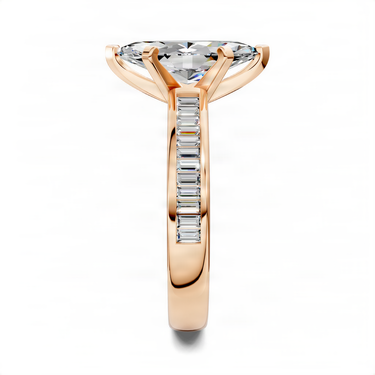 Rose gold marquise baguette channel ring with baguette side stones