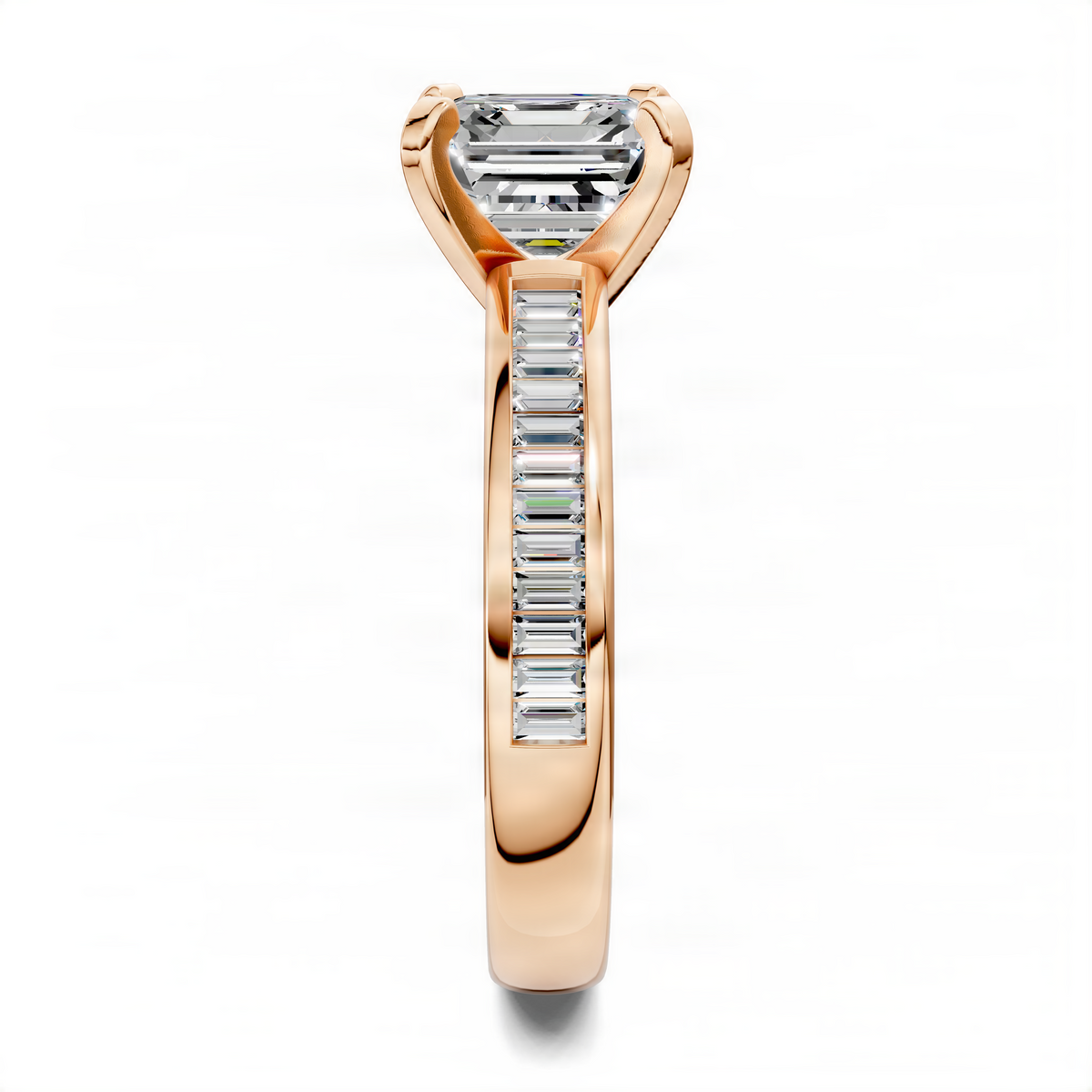 Asscher baguette channel ring in rose gold with square center stone and baguettes