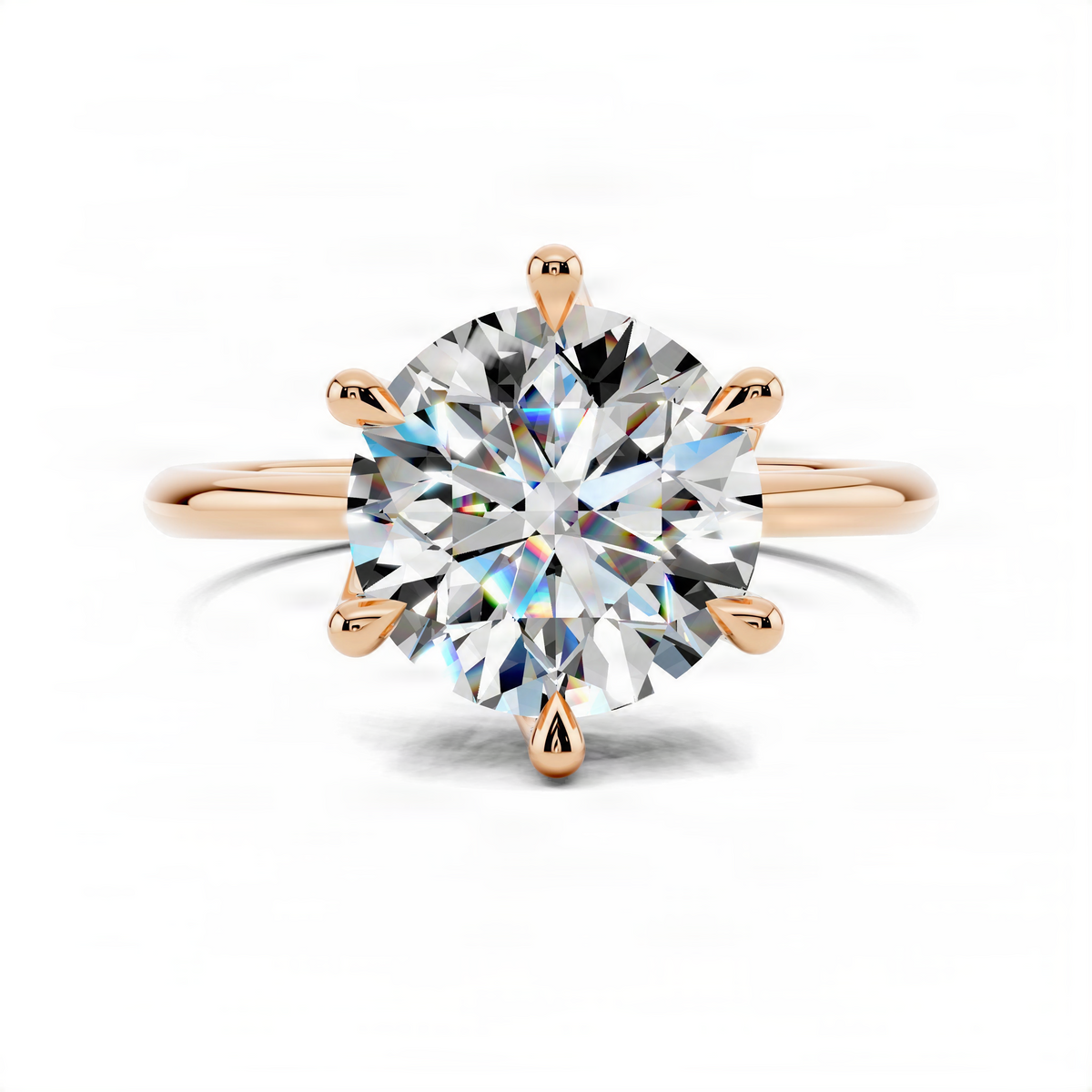 Rose gold round 6-prong engagement ring with clear center stone, top view