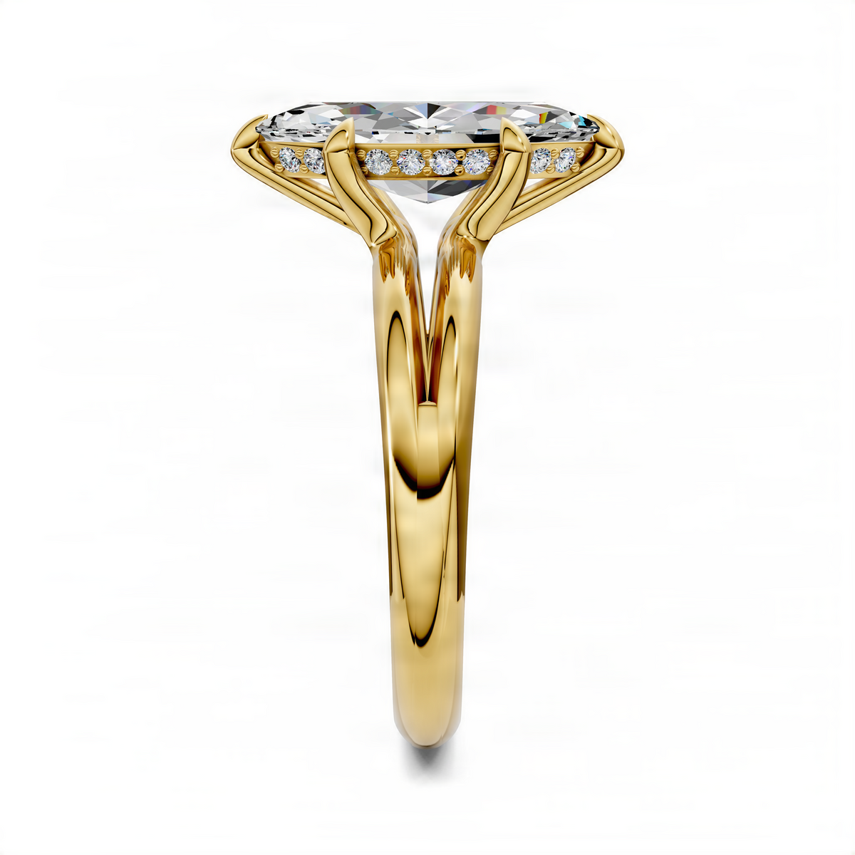 Yellow gold marquise floating split band ring with central marquise diamond and side stones