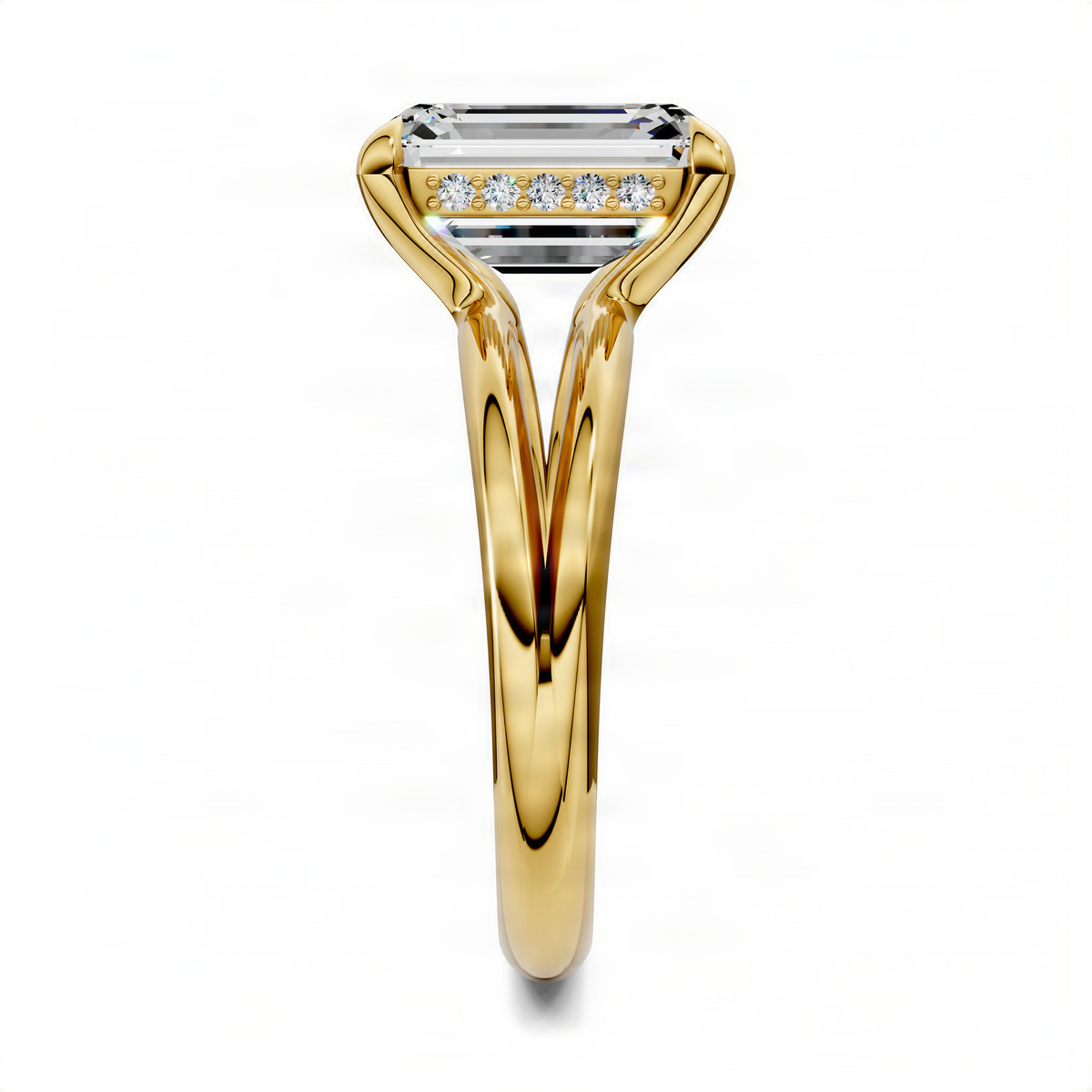 Yellow gold split band ring with emerald-cut center stone and side diamonds