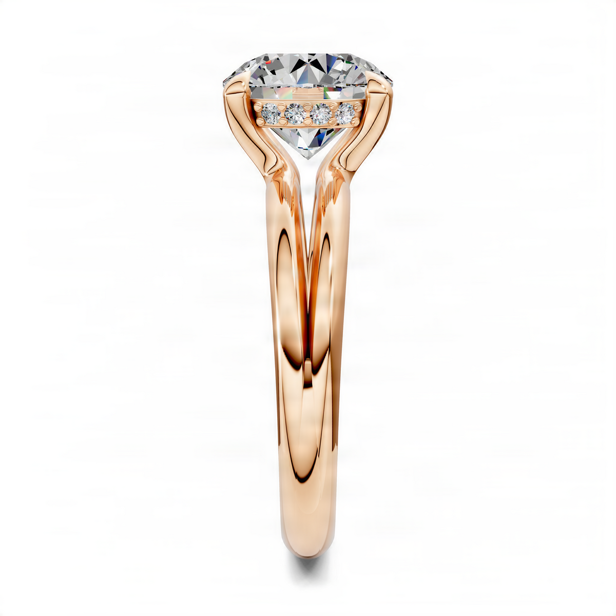Rose gold split band ring with floating round center diamond and slim tapered shank