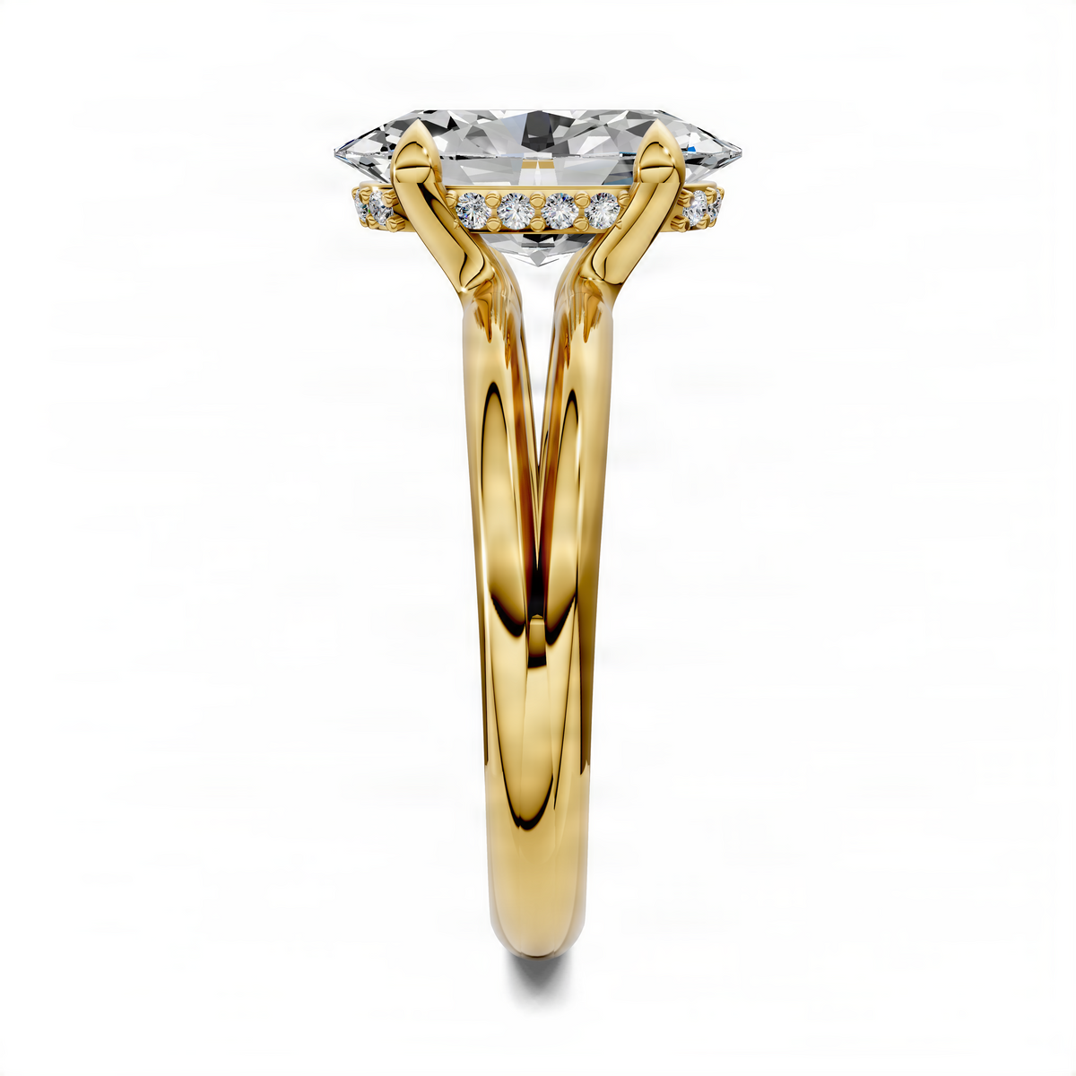 Yellow gold oval split band engagement ring with center stone and side stones