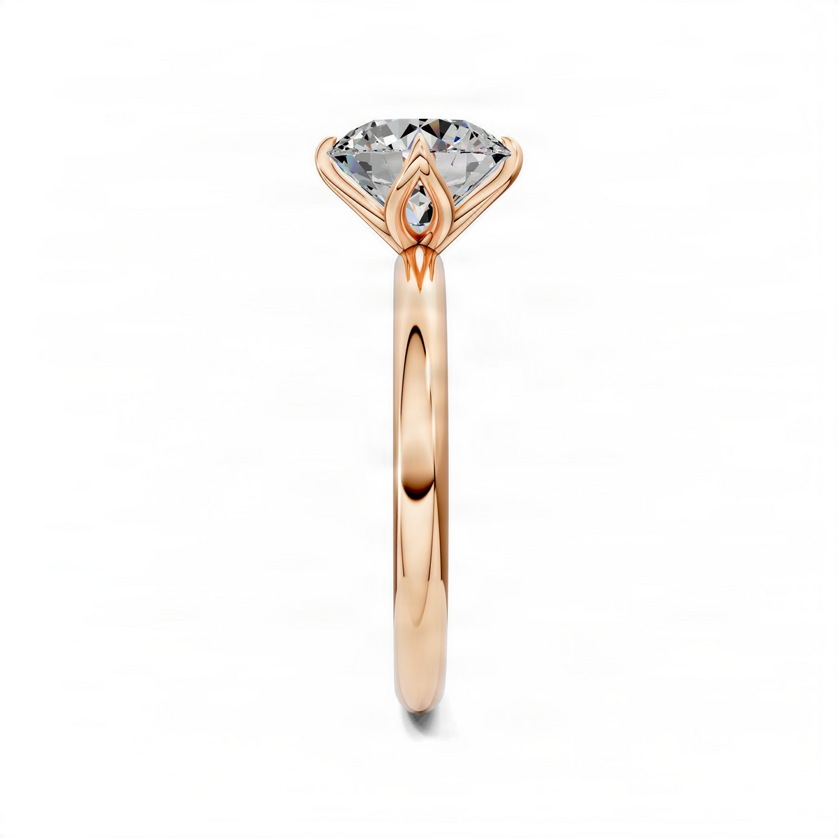 Round solitaire engagement ring in rose gold with lotus basket and prong-set round diamond