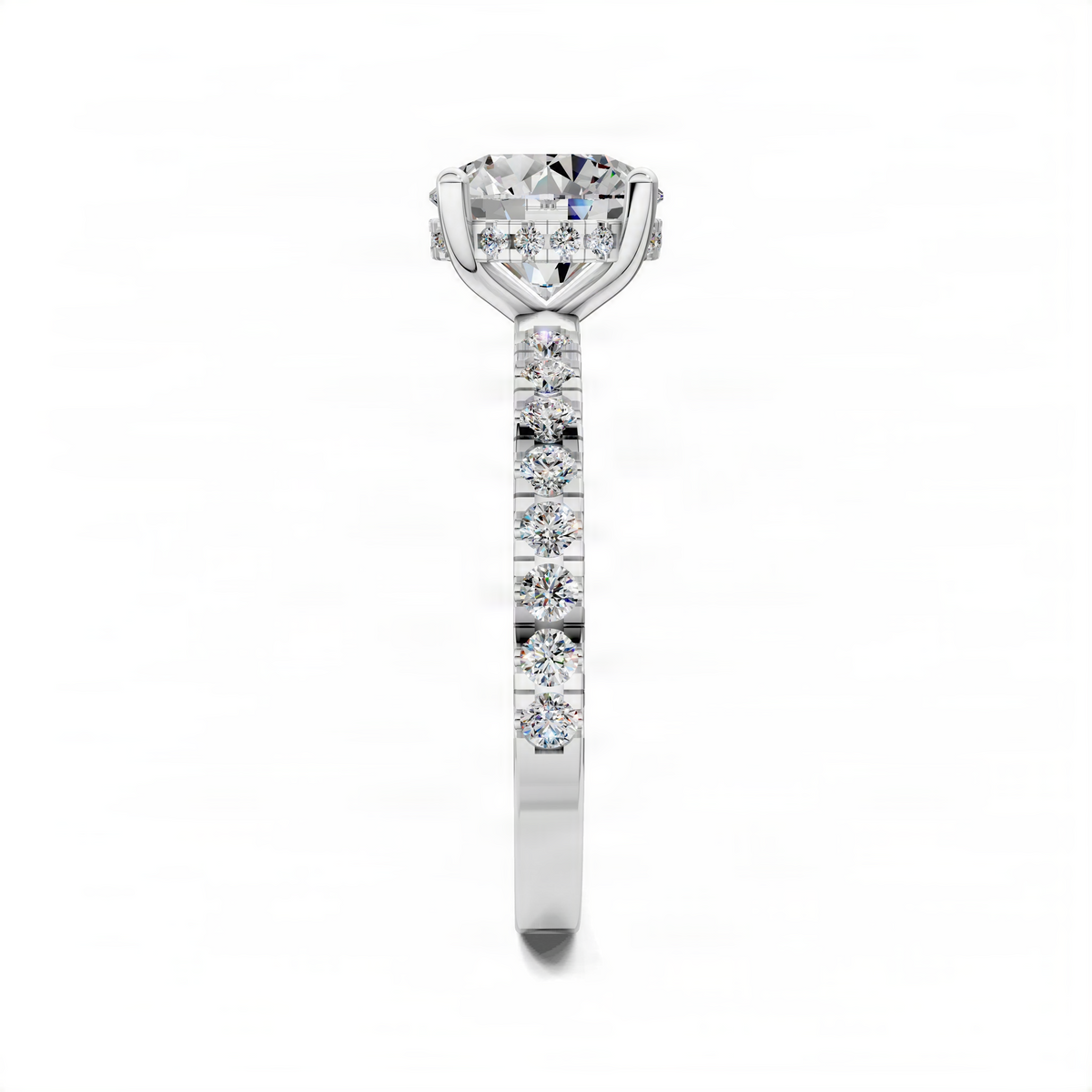 Round petite pavé engagement ring in white metal with hidden halo and round center stone