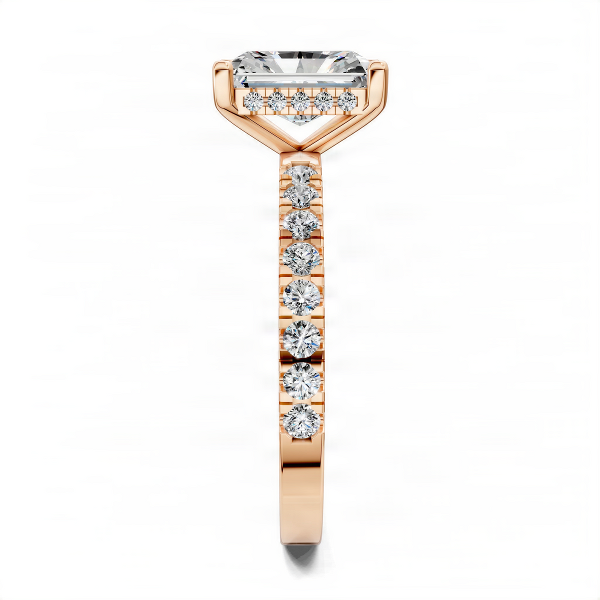 Petite engagement ring with square center stone and vertical pave stones on rose gold-tone band